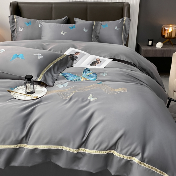 91家纺网 家纺一手货源 找家纺 眠帛家居 2022新款水洗天丝四件套蝶梦系列 蝶梦高级灰