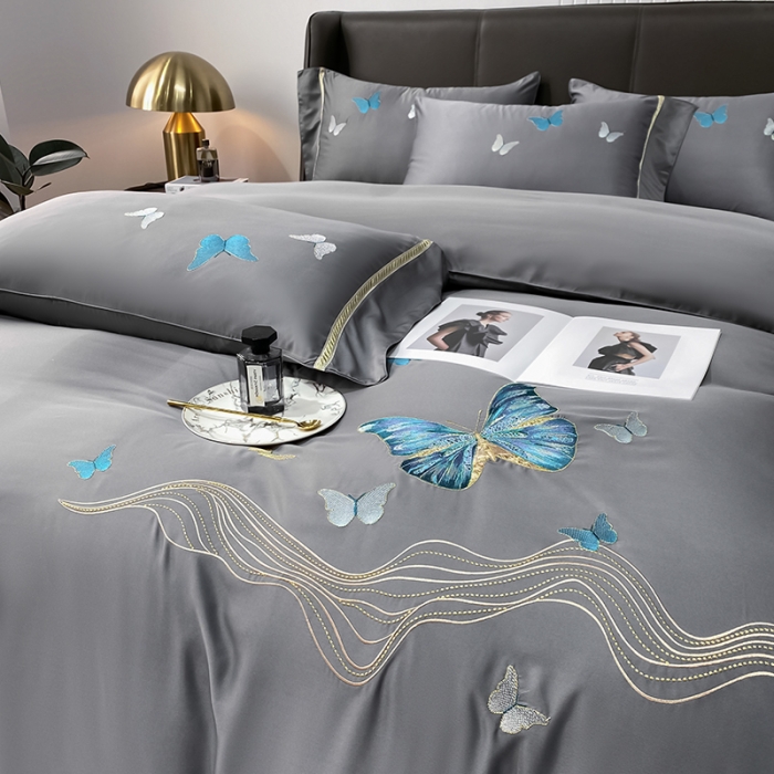 91家纺网 家纺一手货源 找家纺 眠帛家居 2022新款水洗天丝四件套蝶梦系列 蝶梦高级灰