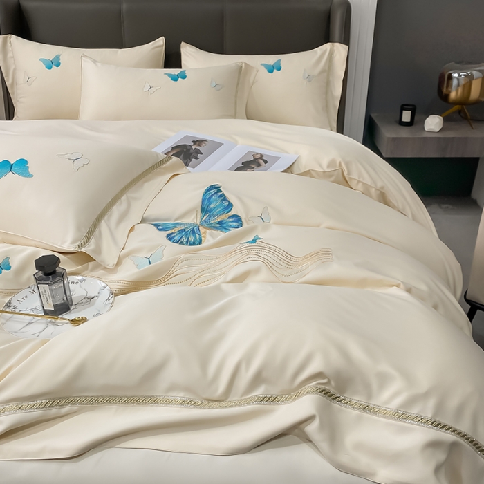 91家纺网 家纺一手货源 找家纺 眠帛家居 2022新款水洗天丝四件套蝶梦系列 蝶梦奶黄