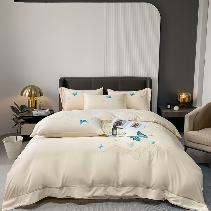 91家纺网 家纺一手货源 找家纺 眠帛家居 2022新款水洗天丝四件套蝶梦系列 蝶梦奶黄