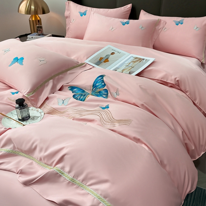 91家纺网 家纺一手货源 找家纺 眠帛家居 2022新款水洗天丝四件套蝶梦系列 蝶梦奶油粉