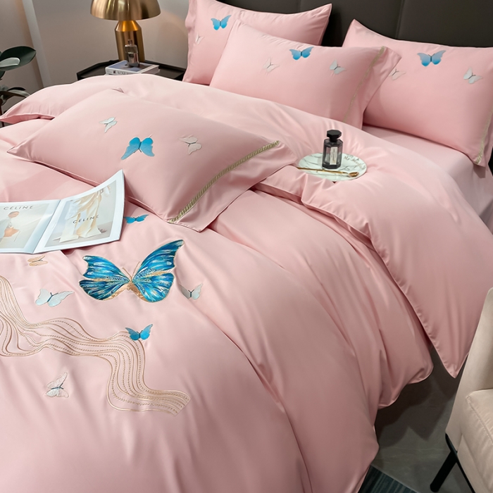 91家纺网 家纺一手货源 找家纺 眠帛家居 2022新款水洗天丝四件套蝶梦系列 蝶梦奶油粉