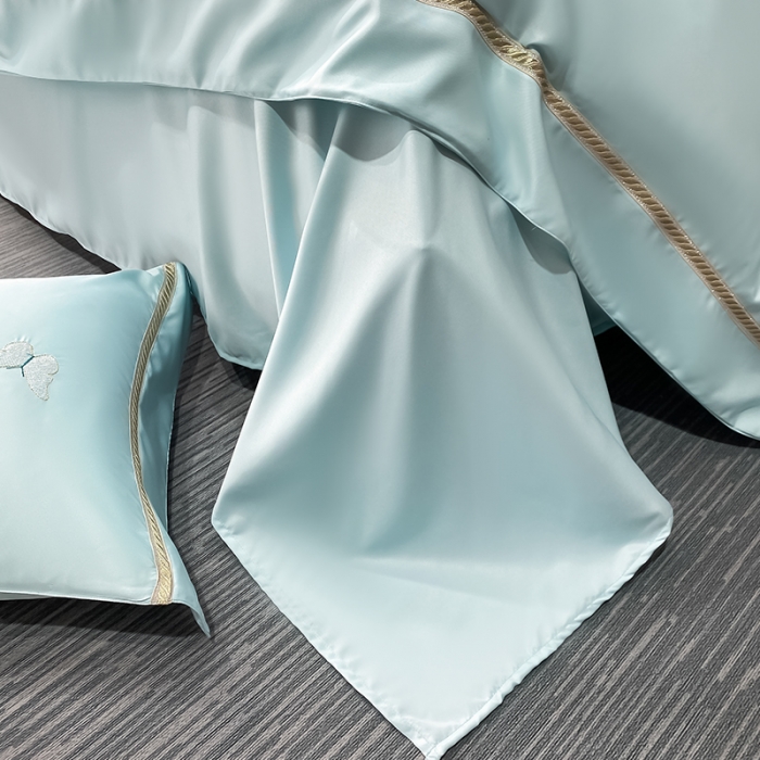 91家纺网 家纺一手货源 找家纺 眠帛家居 2022新款水洗天丝四件套蝶梦系列 蝶梦天空蓝