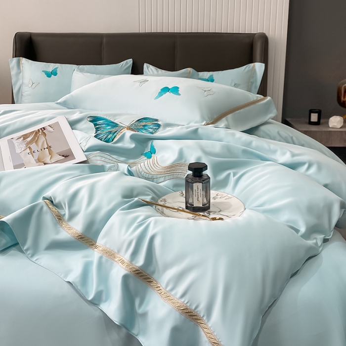 91家纺网 家纺一手货源 找家纺 眠帛家居 2022新款水洗天丝四件套蝶梦系列 蝶梦天空蓝