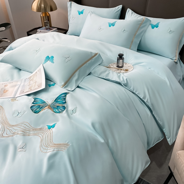 91家纺网 家纺一手货源 找家纺 眠帛家居 2022新款水洗天丝四件套蝶梦系列 蝶梦天空蓝