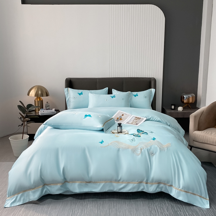 91家纺网 家纺一手货源 找家纺 眠帛家居 2022新款水洗天丝四件套蝶梦系列 蝶梦天空蓝
