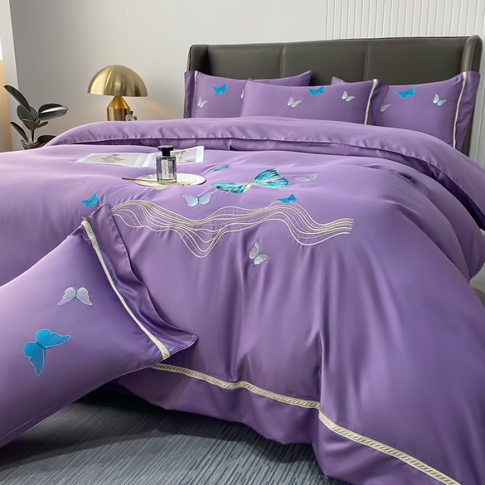 91家纺网 家纺一手货源 找家纺 眠帛家居 2022新款水洗天丝四件套蝶梦系列 蝶梦优雅紫
