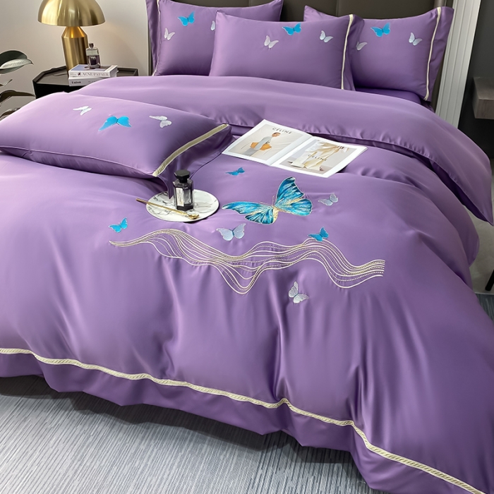 91家纺网 家纺一手货源 找家纺 眠帛家居 2022新款水洗天丝四件套蝶梦系列 蝶梦优雅紫