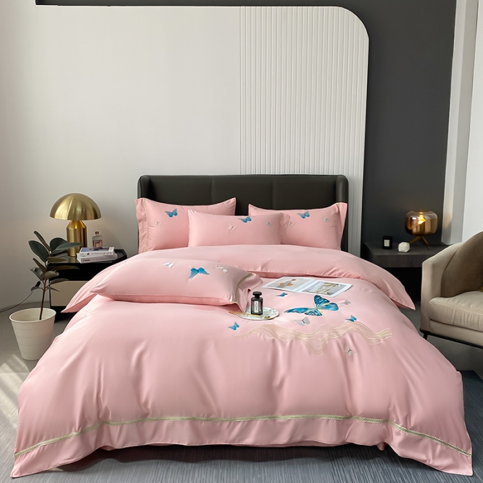 91家纺网 家纺一手货源 找家纺 眠帛家居 2022新款水洗天丝四件套蝶梦系列 蝶梦奶油粉