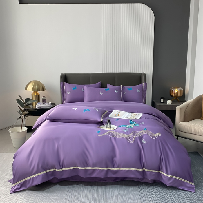91家纺网 家纺一手货源 找家纺 眠帛家居 2022新款水洗天丝四件套蝶梦系列 蝶梦优雅紫