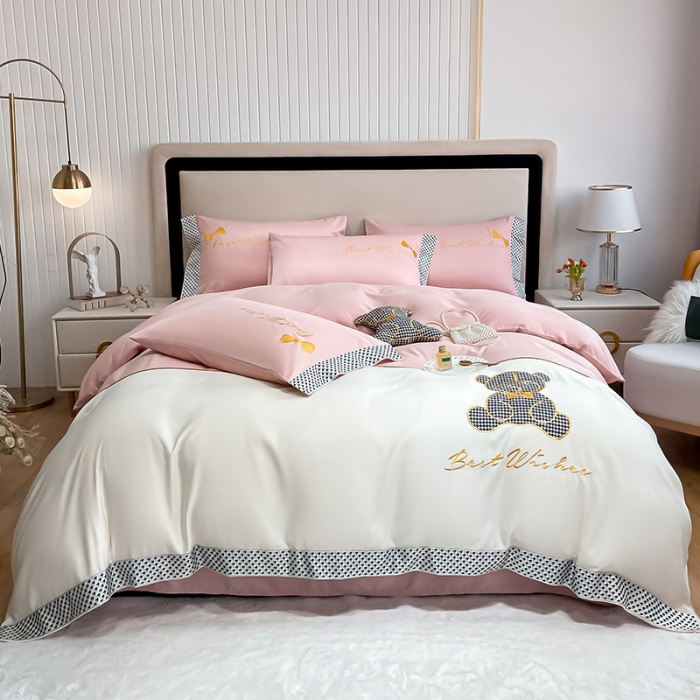 91家纺网 家纺一手货源 找家纺 眠帛家居  2022新款水洗天丝四件套元气熊系列 元气熊-粉