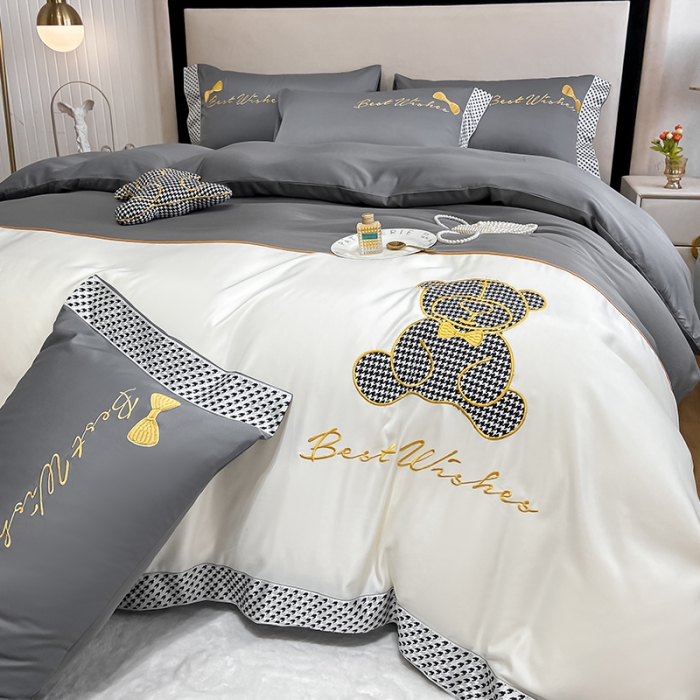 91家纺网 家纺一手货源 找家纺 眠帛家居  2022新款水洗天丝四件套元气熊系列 元气熊-灰