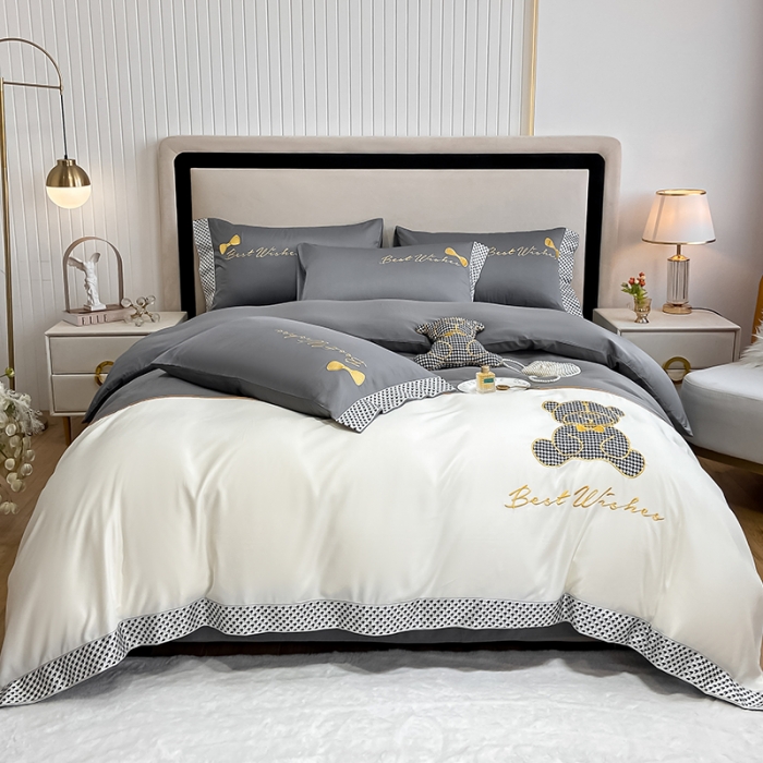 91家纺网 家纺一手货源 找家纺 眠帛家居  2022新款水洗天丝四件套元气熊系列 元气熊-灰