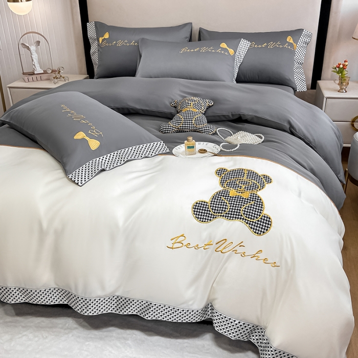 91家纺网 家纺一手货源 找家纺 眠帛家居  2022新款水洗天丝四件套元气熊系列 元气熊-灰