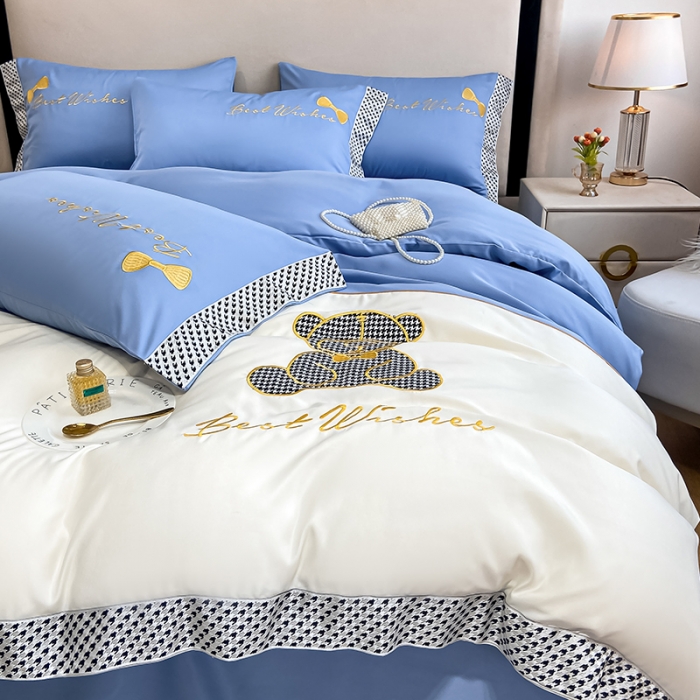 91家纺网 家纺一手货源 找家纺 眠帛家居  2022新款水洗天丝四件套元气熊系列 元气熊-蓝