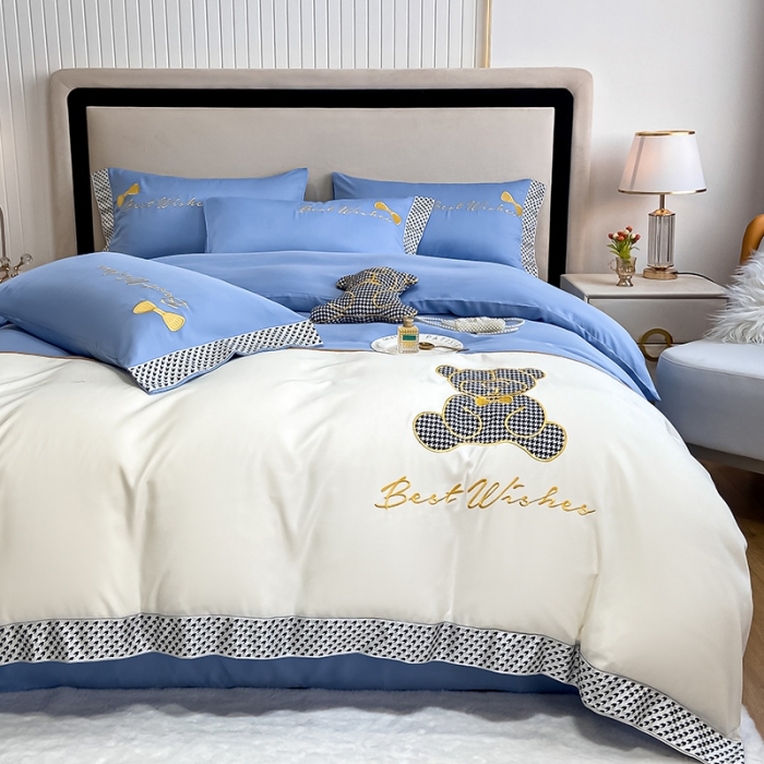 91家纺网 家纺一手货源 找家纺 眠帛家居  2022新款水洗天丝四件套元气熊系列 元气熊-蓝