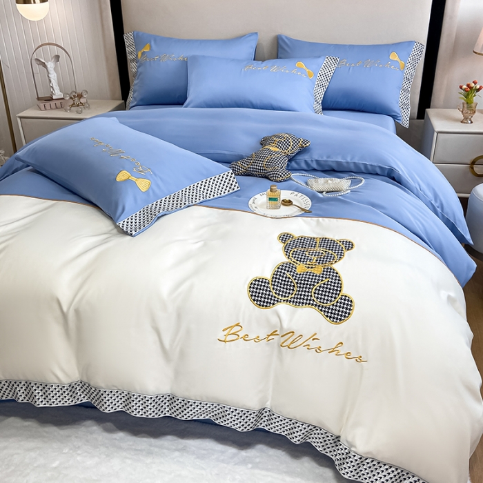 91家纺网 家纺一手货源 找家纺 眠帛家居  2022新款水洗天丝四件套元气熊系列 元气熊-蓝