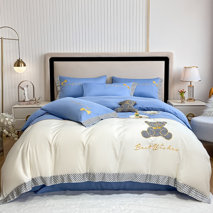 91家纺网 家纺一手货源 找家纺 眠帛家居  2022新款水洗天丝四件套元气熊系列 元气熊-蓝