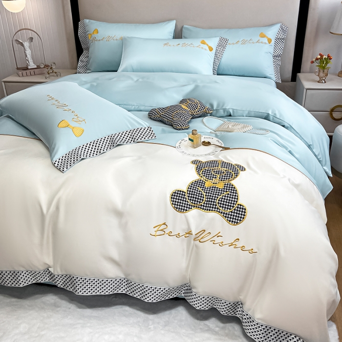 91家纺网 家纺一手货源 找家纺 眠帛家居  2022新款水洗天丝四件套元气熊系列元气熊-浅蓝