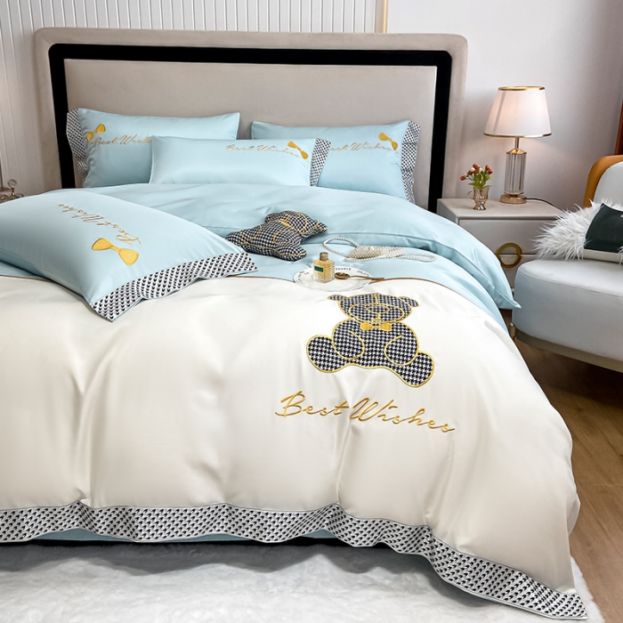 91家纺网 家纺一手货源 找家纺 眠帛家居  2022新款水洗天丝四件套元气熊系列元气熊-浅蓝