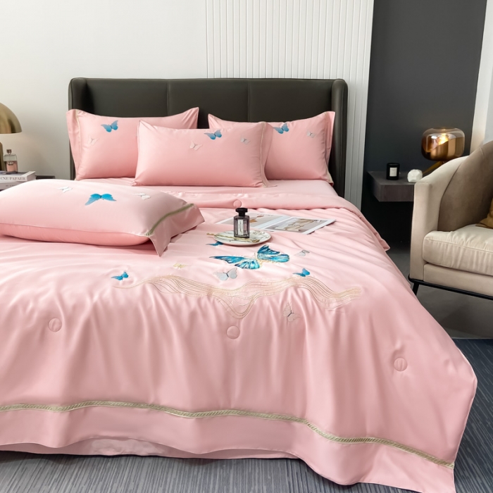 91家纺网 家纺一手货源 找家纺 眠帛家居  2022新款蝶梦刺绣夏被四件套 蝶梦豆沙