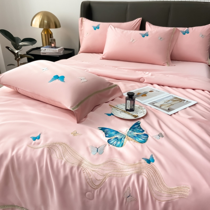 91家纺网 家纺一手货源 找家纺 眠帛家居  2022新款蝶梦刺绣夏被四件套 蝶梦豆沙