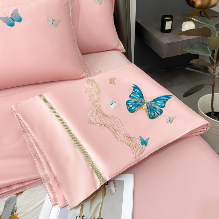 91家纺网 家纺一手货源 找家纺 眠帛家居  2022新款蝶梦刺绣夏被四件套 蝶梦豆沙