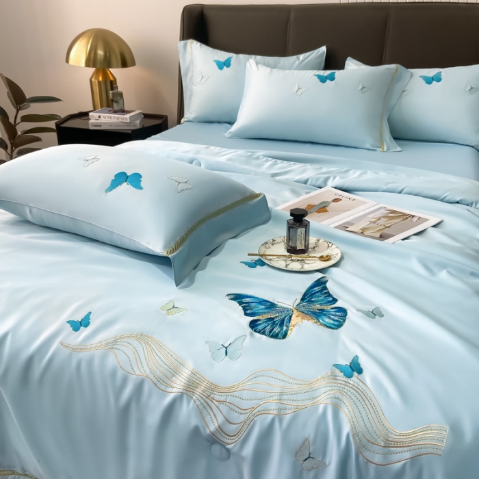 91家纺网 家纺一手货源 找家纺 眠帛家居  2022新款蝶梦刺绣夏被四件套 蝶梦浅兰