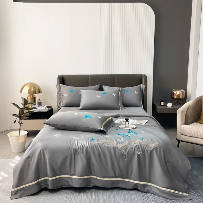 91家纺网 家纺一手货源 找家纺 眠帛家居  2022新款蝶梦刺绣夏被四件套 蝶梦岩灰