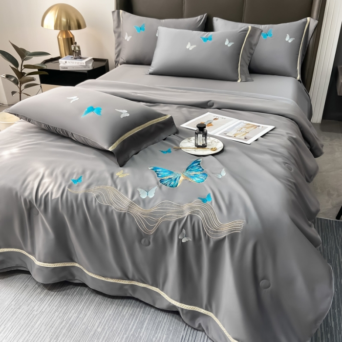 91家纺网 家纺一手货源 找家纺 眠帛家居  2022新款蝶梦刺绣夏被四件套 蝶梦岩灰