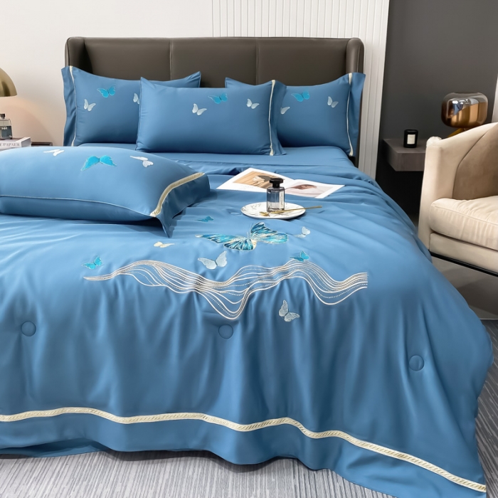 91家纺网 家纺一手货源 找家纺 眠帛家居  2022新款蝶梦刺绣夏被四件套 蝶梦中蓝