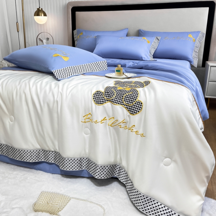 91家纺网 家纺一手货源 找家纺 眠帛家居 2022新款元气熊刺绣夏被四件套 元气熊蓝