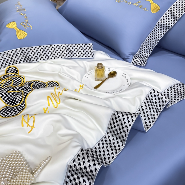 91家纺网 家纺一手货源 找家纺 眠帛家居 2022新款元气熊刺绣夏被四件套 元气熊蓝