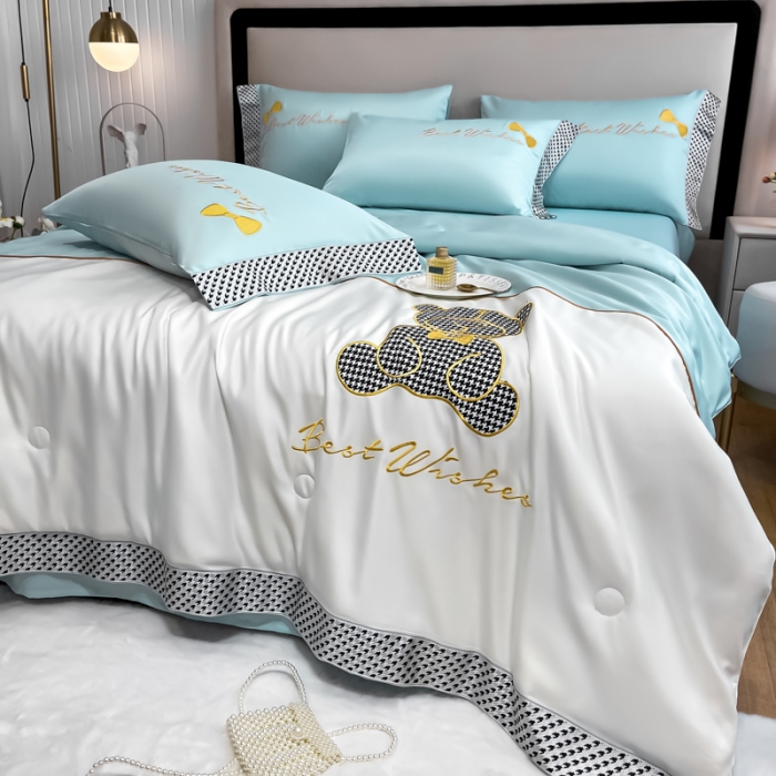 91家纺网 家纺一手货源 找家纺 眠帛家居 2022新款元气熊刺绣夏被四件套 元气熊青