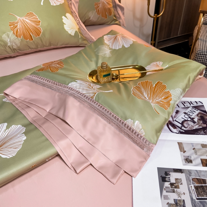 91家纺网 家纺一手货源 找家纺 2022新款 镂空水洗天丝夏被四件套 缤纷杏叶