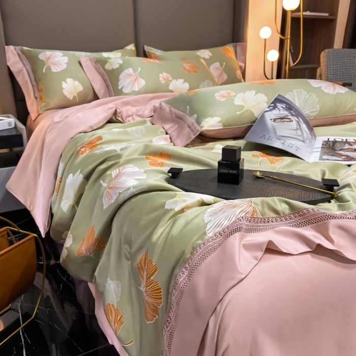 91家纺网 家纺一手货源 找家纺 2022新款 镂空水洗天丝夏被四件套 缤纷杏叶