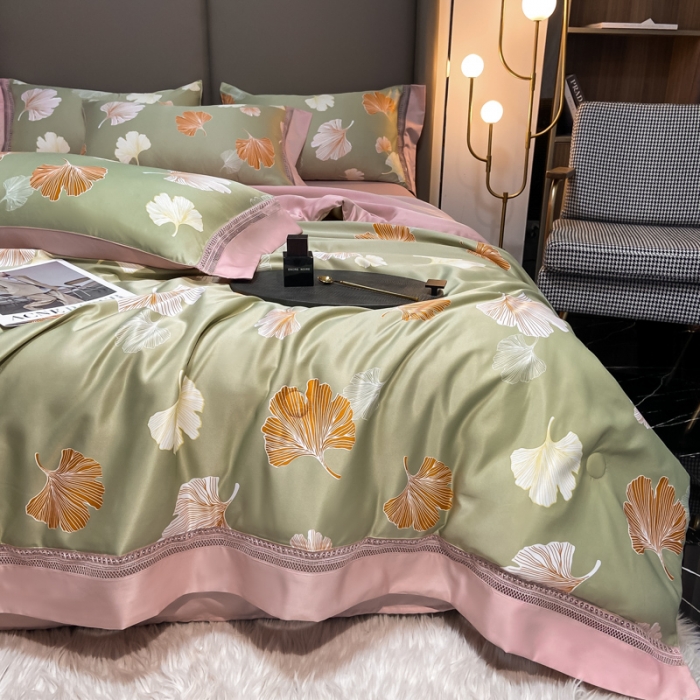 91家纺网 家纺一手货源 找家纺 2022新款 镂空水洗天丝夏被四件套 缤纷杏叶