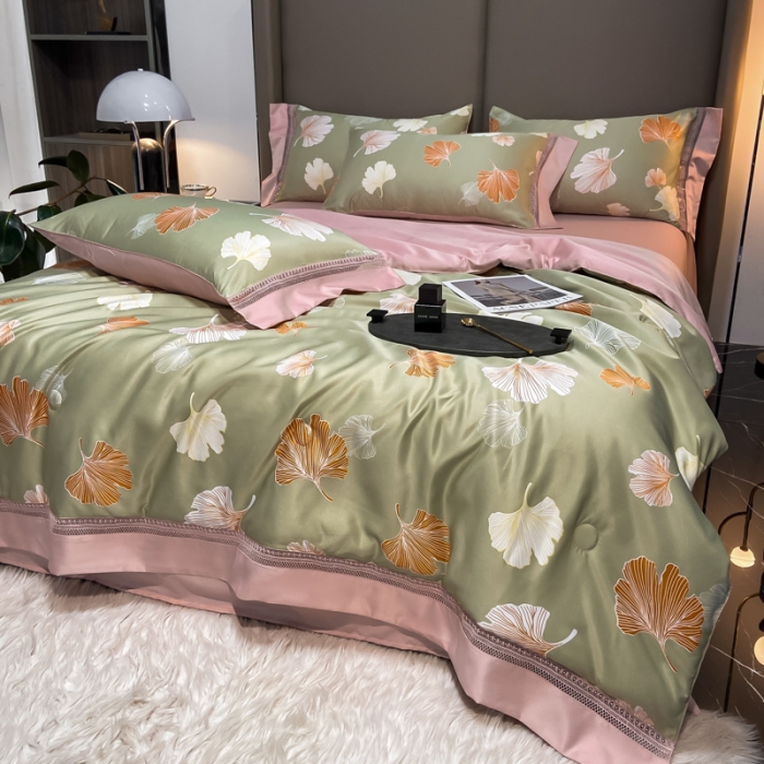 91家纺网 家纺一手货源 找家纺 2022新款 镂空水洗天丝夏被四件套 缤纷杏叶