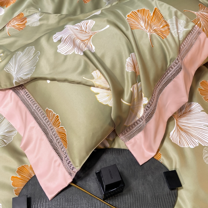 91家纺网 家纺一手货源 找家纺 2022新款 镂空水洗天丝夏被四件套 缤纷杏叶