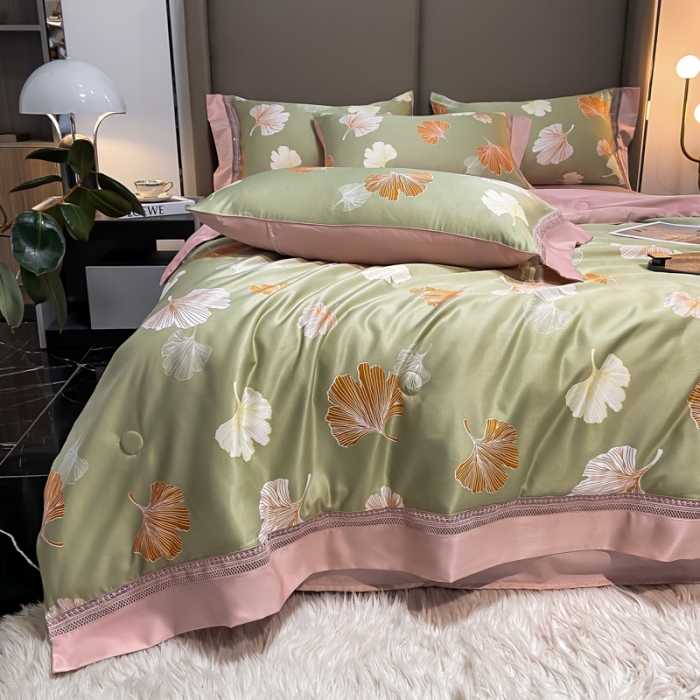 91家纺网 家纺一手货源 找家纺 2022新款 镂空水洗天丝夏被四件套 缤纷杏叶