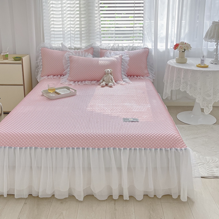 91家纺网 家纺一手货源 找家纺 吾秀冰豆豆席凉感软席床裙公主冰丝席三件套冰凉感豆豆席凉席公主粉