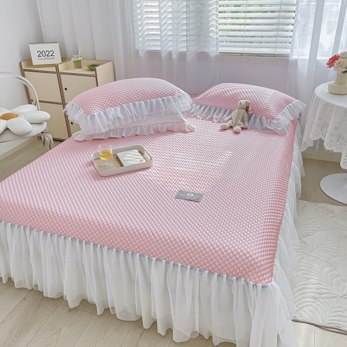 91家纺网 家纺一手货源 找家纺 吾秀冰豆豆席凉感软席床裙公主冰丝席三件套冰凉感豆豆席凉席公主粉