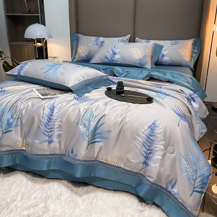 91家纺网 家纺一手货源 找家纺 2022新款 镂空水洗天丝夏被四件套 蓝色羽叶