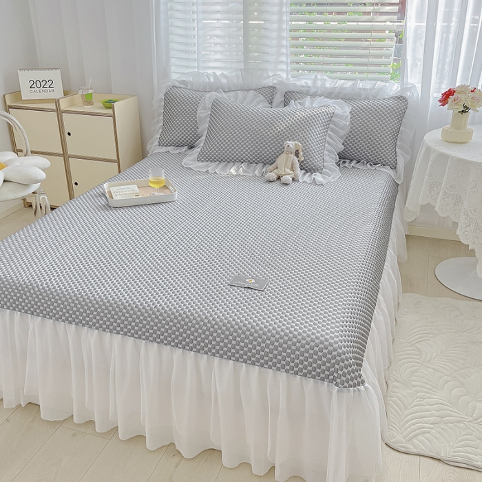 91家纺网 家纺一手货源 找家纺 吾秀冰豆豆席凉感软席床裙公主冰丝席三件套冰凉感豆豆席凉席公主灰