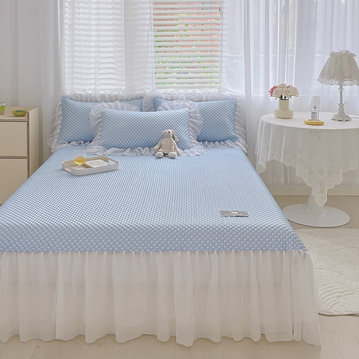 91家纺网 家纺一手货源 找家纺 吾秀冰豆豆席凉感软席床裙公主冰丝席三件套冰凉感豆豆席凉席公主蓝