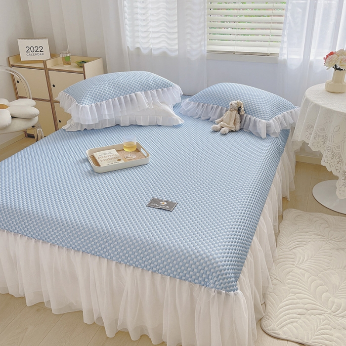 91家纺网 家纺一手货源 找家纺 吾秀冰豆豆席凉感软席床裙公主冰丝席三件套冰凉感豆豆席凉席公主蓝