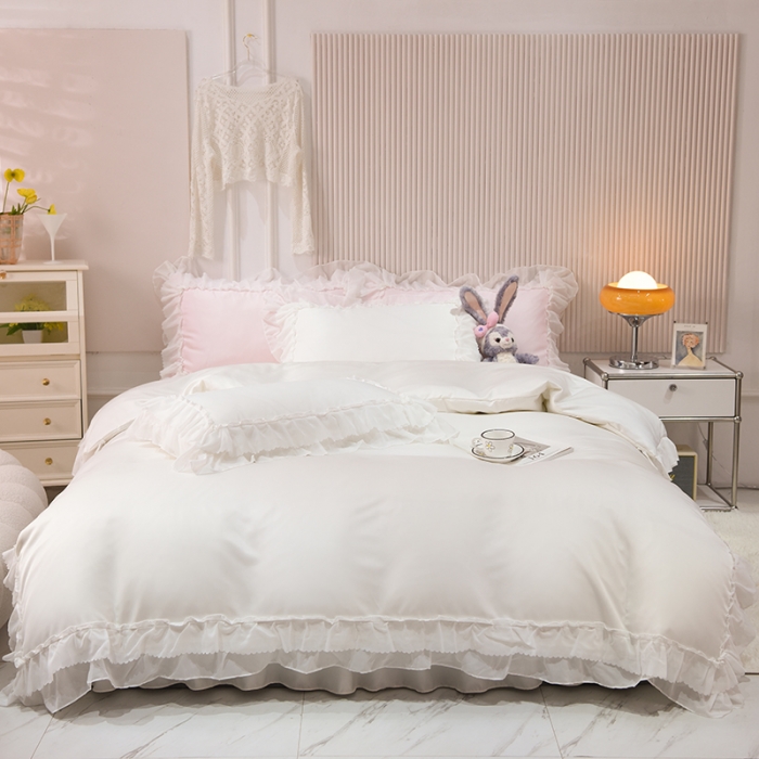 91家纺网 家纺一手货源 找家纺 艾米家居 2025新款韩版水洗真丝四件套-淡雅-奶白