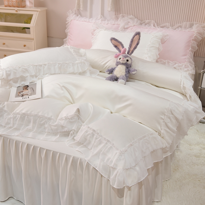 91家纺网 家纺一手货源 找家纺 艾米家居 2025新款韩版水洗真丝四件套-淡雅-奶白