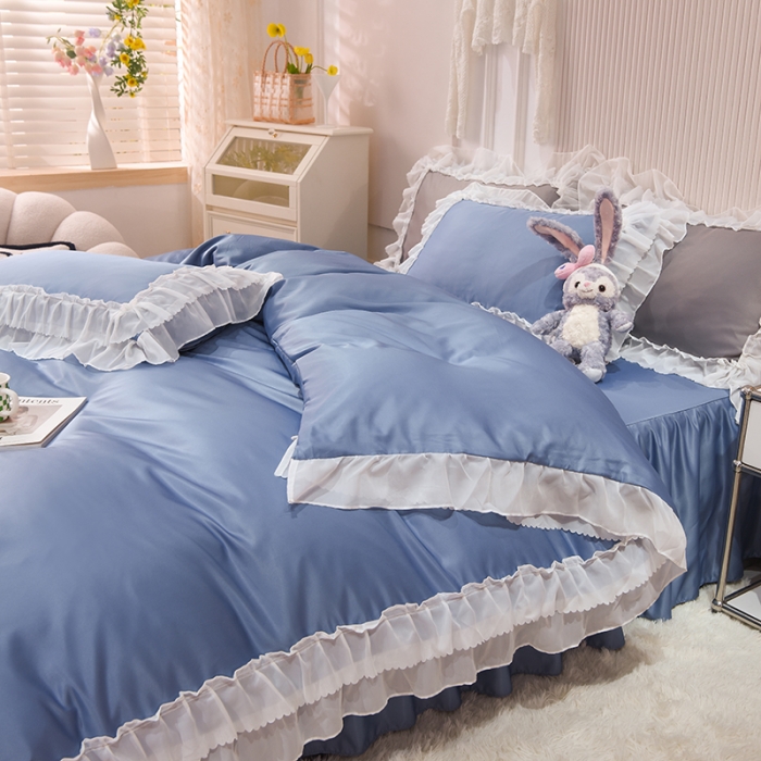 91家纺网 家纺一手货源 找家纺 艾米家居 2025新款韩版水洗真丝四件套-淡雅-宾利蓝