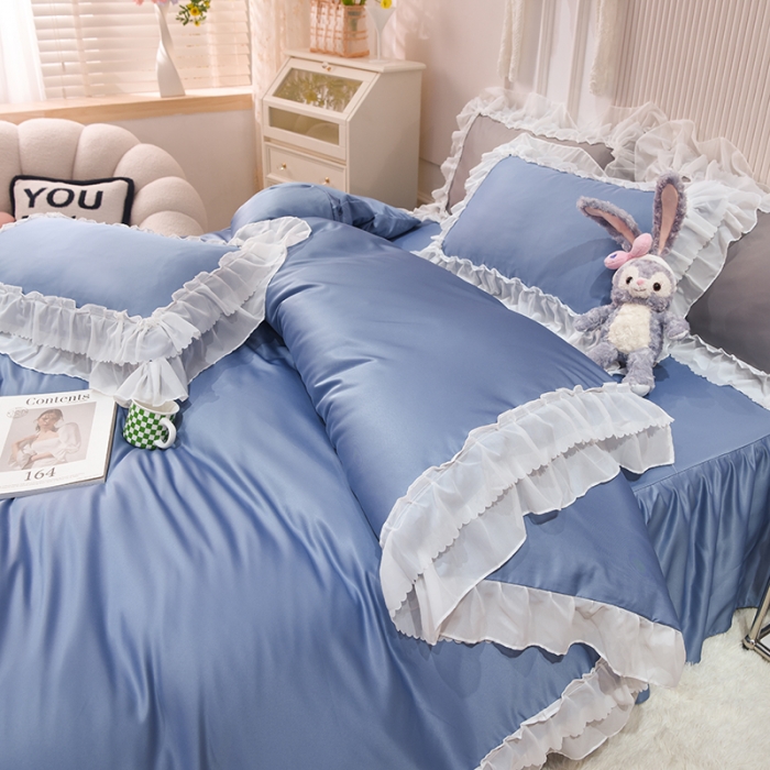 91家纺网 家纺一手货源 找家纺 艾米家居 2025新款韩版水洗真丝四件套-淡雅-宾利蓝